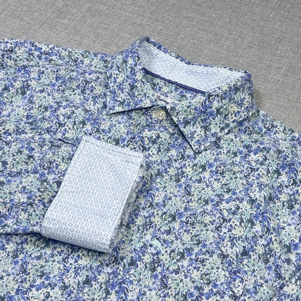 Tommy Bahama Sarasota Stretch Floral Button Dress Shirt Men Small Blue Flip Cuff